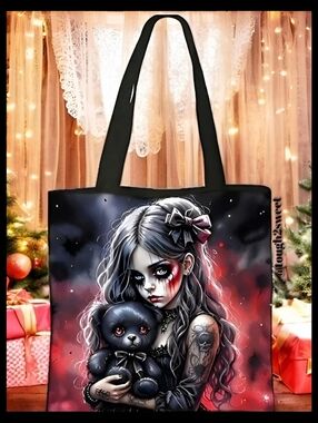 🆕LAST 1❣️ 15" BY 15" GOTHIC GIRL WITH BLACK TEDDY BEAR  LARGE TOTE BAG